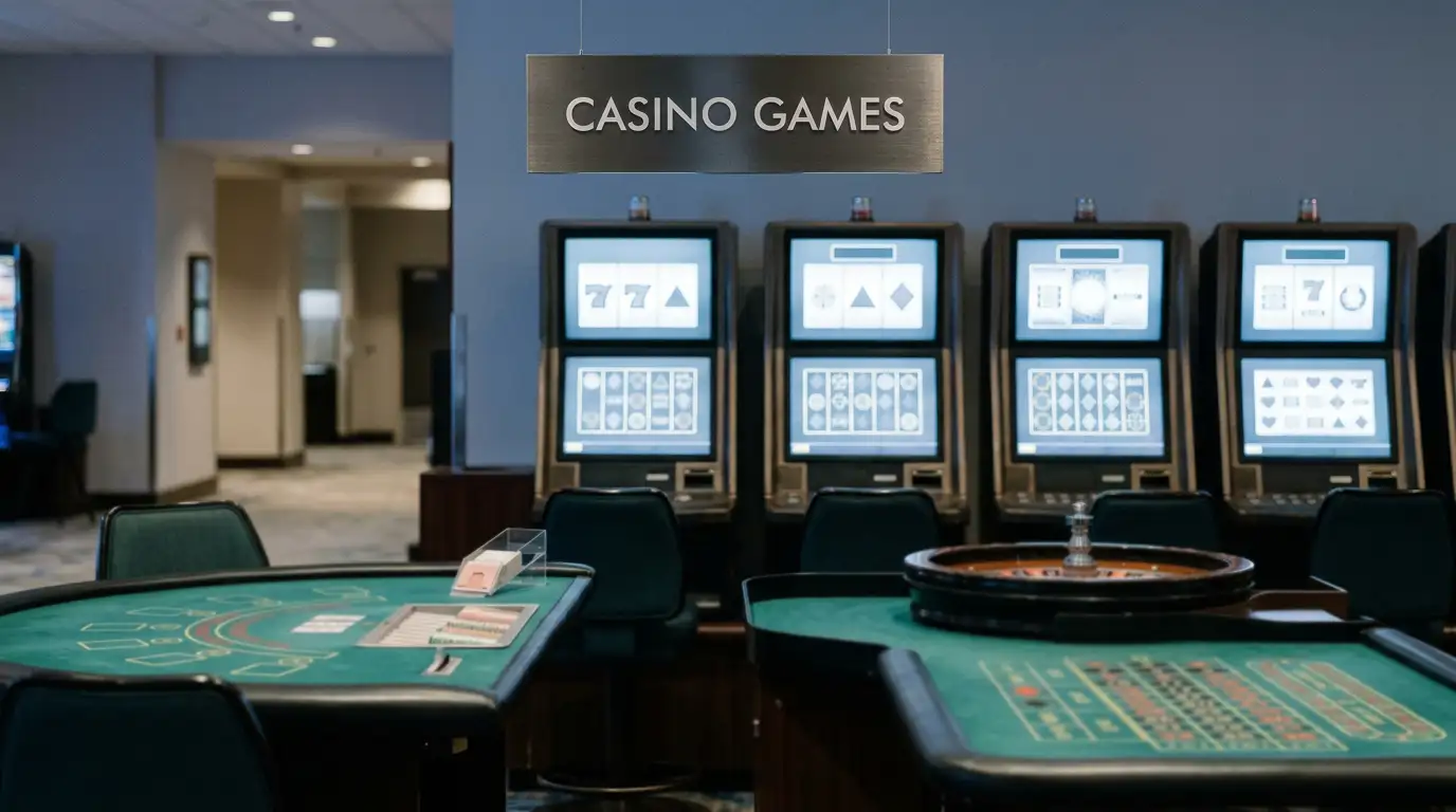Generic slot screens and an empty live casino table in a subdued editorial setting