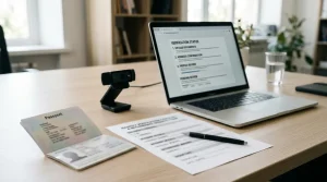 Identity document, webcam, account checklist and withdrawal form arranged on a desk