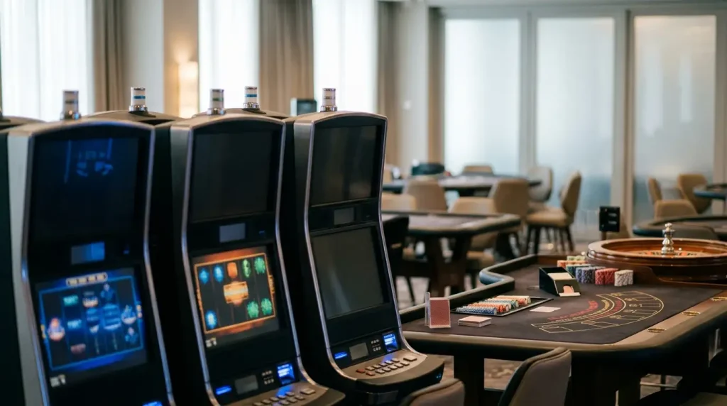Slot-style game screens beside an empty live casino table and dealer shoe
