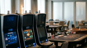 Slot-style game screens beside an empty live casino table and dealer shoe