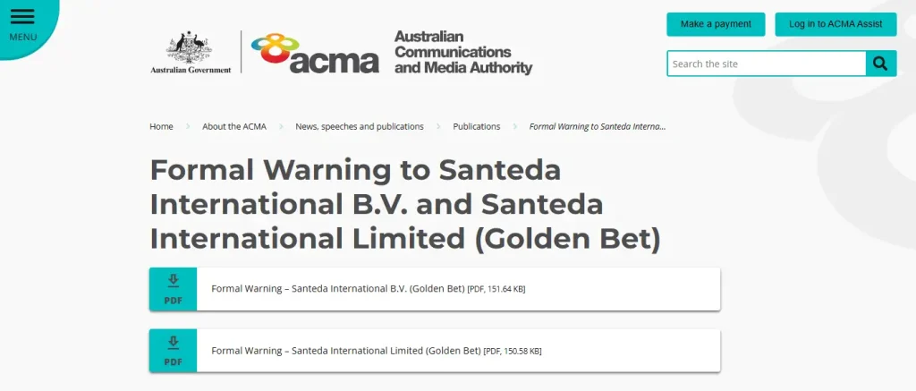 ACMA formal-warning page naming Golden Bet and the Santeda entities