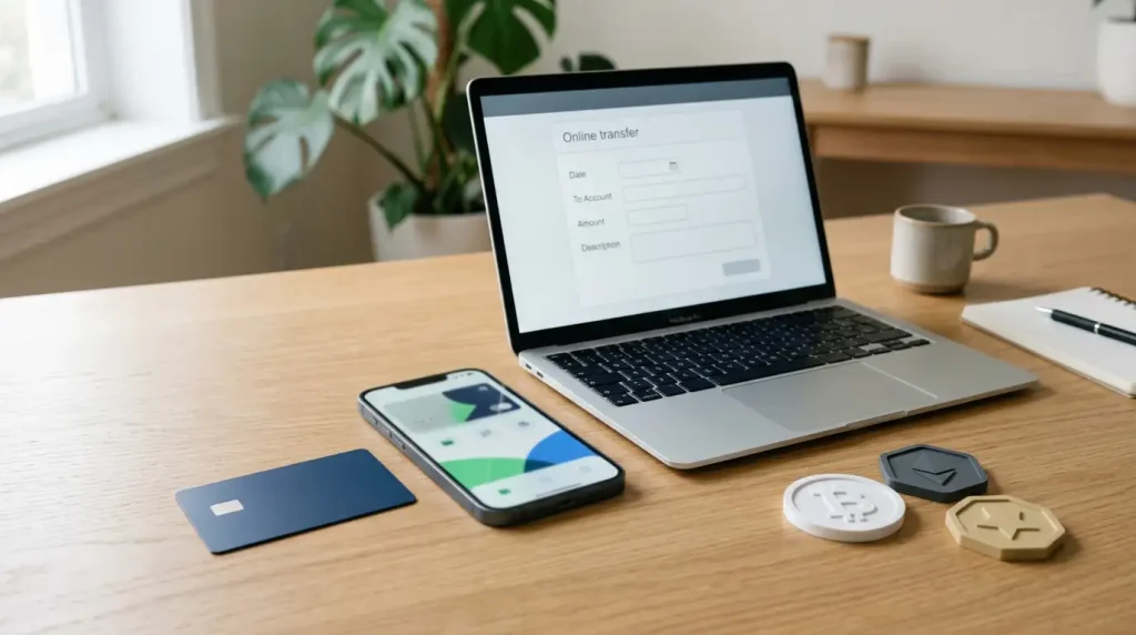 Bank card, digital wallet, bank transfer screen and cryptocurrency tokens arranged on a desk