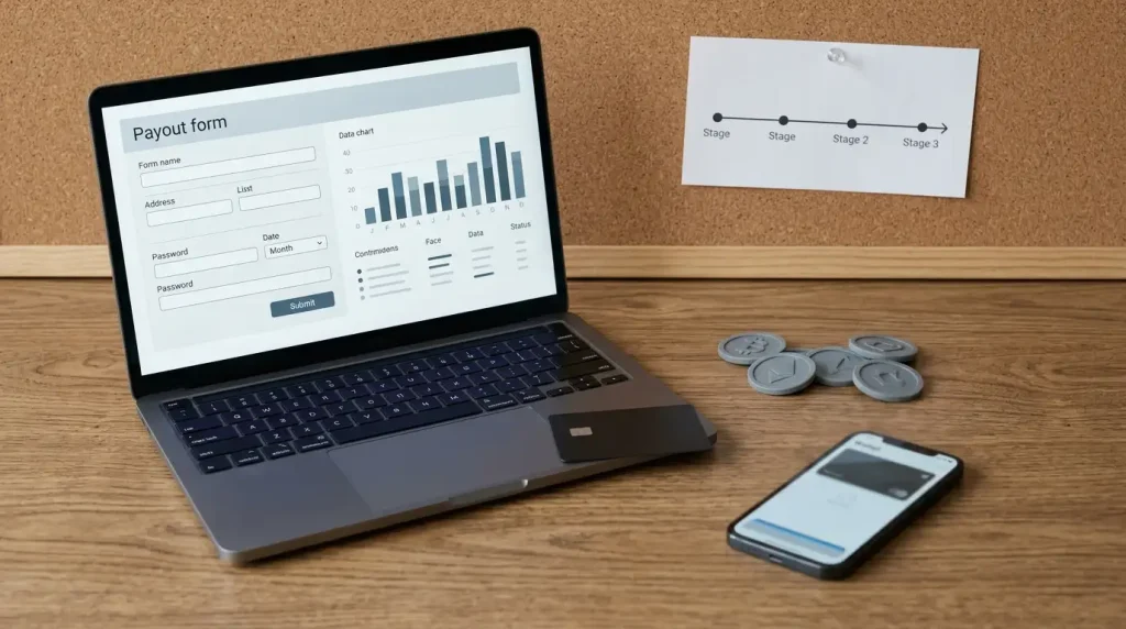 Laptop with a generic payout form beside a bank card, digital wallet device and cryptocurrency tokens