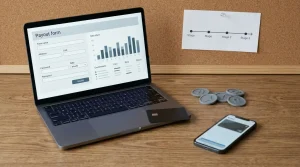 Laptop with a generic payout form beside a bank card, digital wallet device and cryptocurrency tokens
